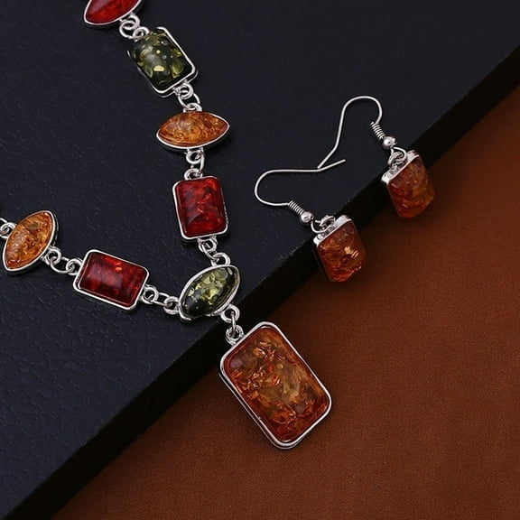 rygai Square Oval Amber African Style Women Necklace Hook Earrings Party Jewelry Set-