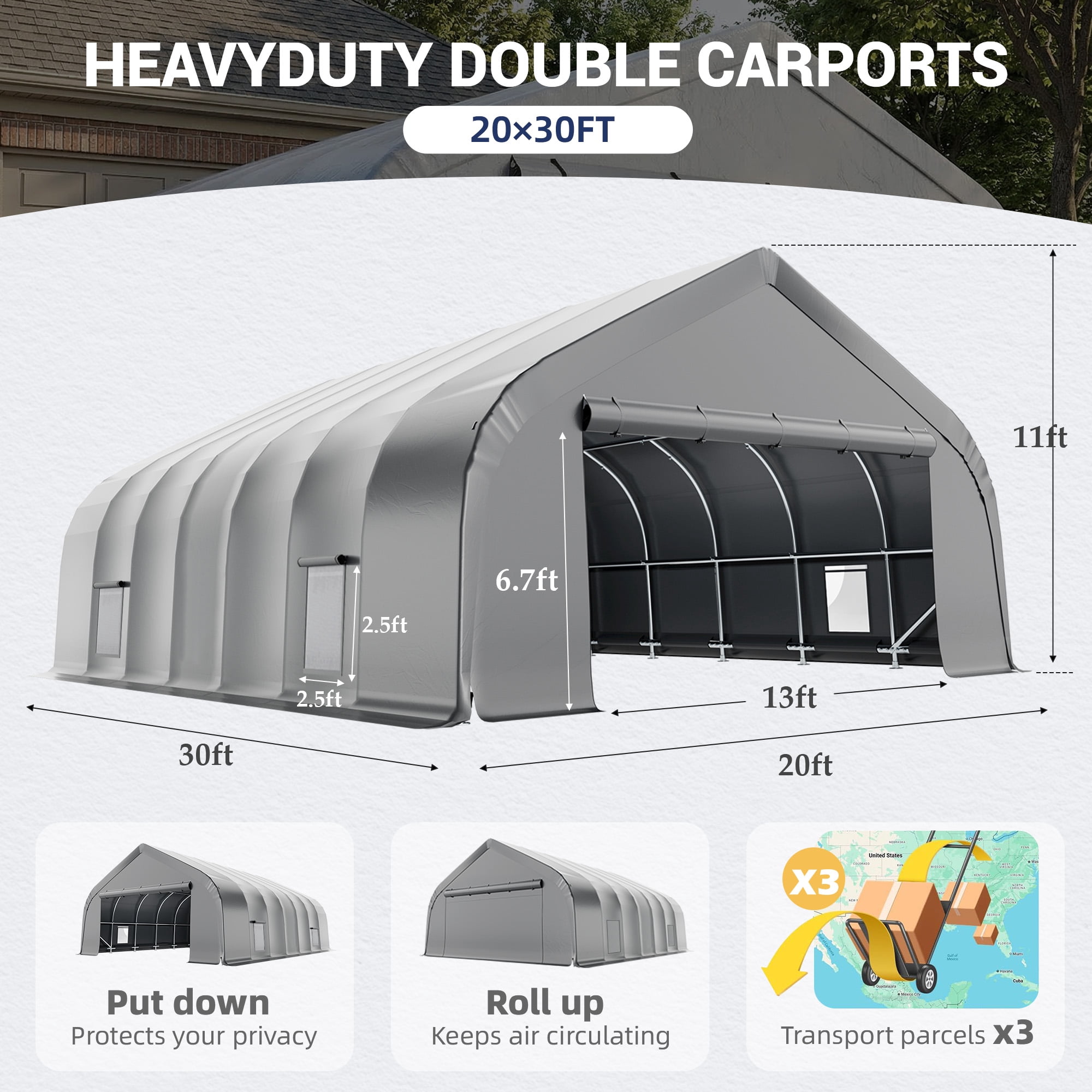 Mellcom 20x30 ft Heavy Duty Carport with Sides, Metal Carports with Galvanized Steel Frame, Fits 2 Cars, Boats, Farm Equipments