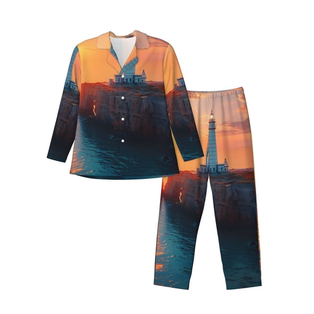 Balery Lighthouse At Sunset Coast Pijama para Hombre de Dos Piezas con Manga Larga, Conjunto de Dormir y Descanso Suave con Bolsillos-Medium