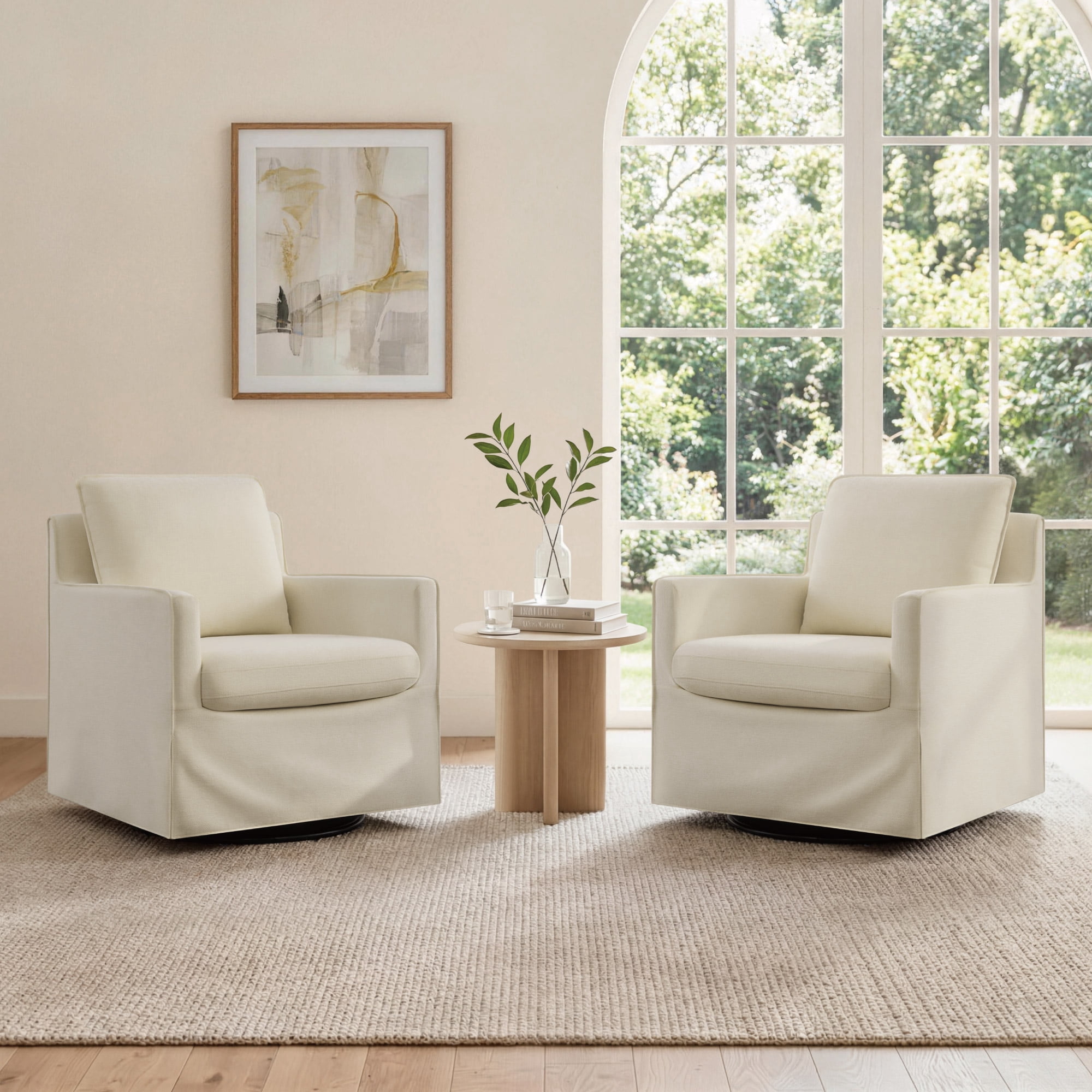 Spruce & Spring Upholstered Swivel Glider Accent Chair for Living Room, Nursery and Bedroom, Reversible Cushions, Track Arms, Modern Lounge Chair, Sand