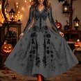 thumbnail image 2 of Xijirk Women's Halloween Skeleton Rose Spider Web Print Midi Dress V Neck Long Sleeve A Line Swing Dress for Gothic Cosplay Party,S, 2 of 4