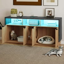 Uforic Double Cat Litter Box Enclosure with Power Hub & LED Light – 59" Oak TV Stand Cabinet for 2 Cats, Hidden Litter Furniture