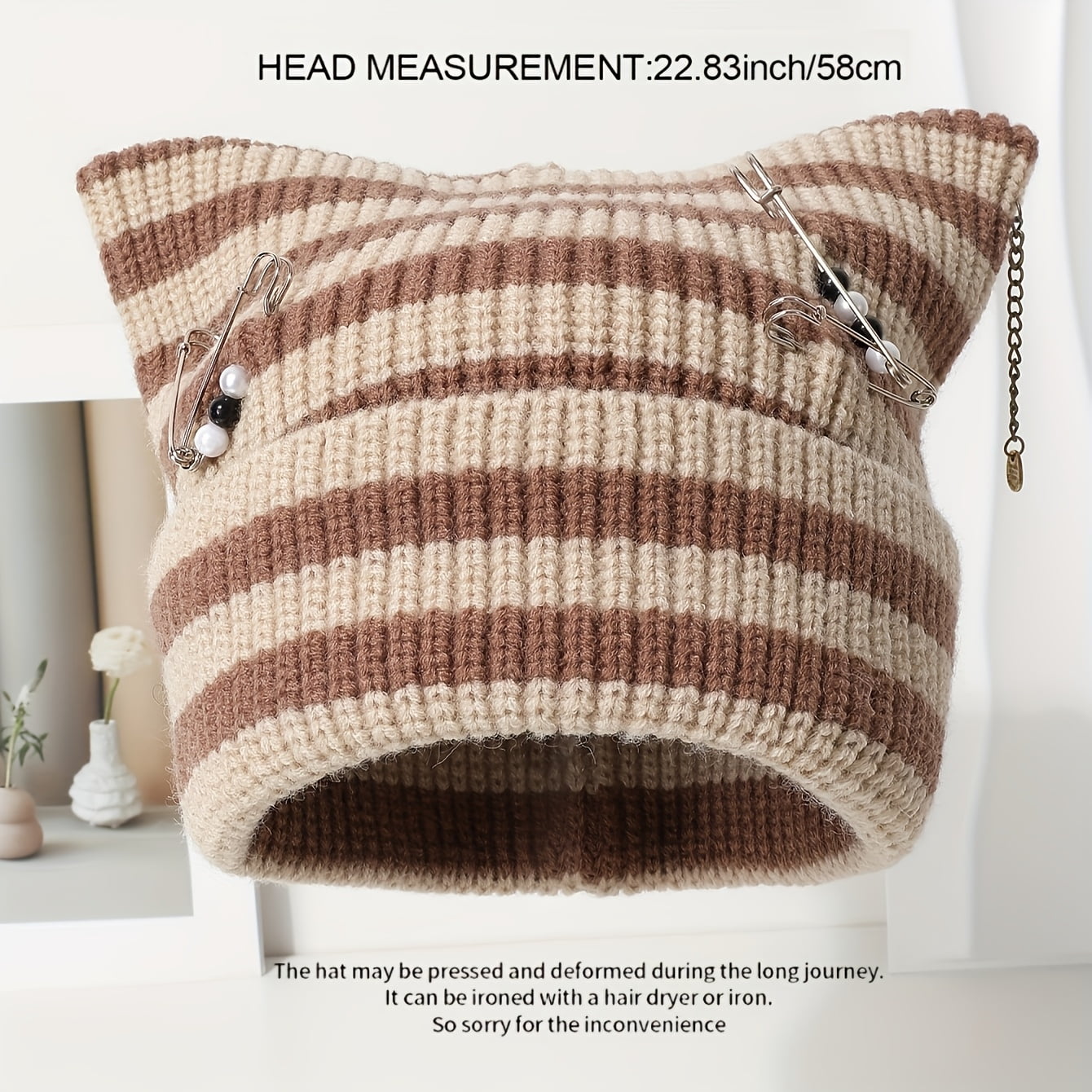 Women'S Stretchy Beanie Hat - Mint Green & Beige Striped Winter Ear Warmer with Metallic Chain-like Pins, Breathable Beanie for Cold Weather, Everyday & Formal Outfits - Cute Ear Accessory