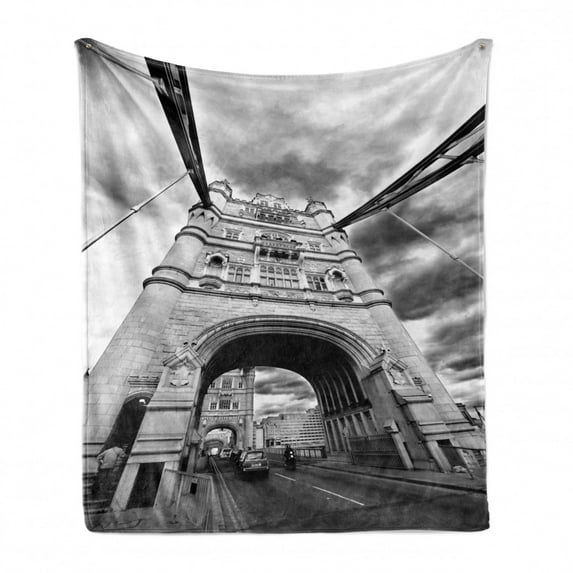 Modern Soft Flannel Fleece Throw Blanket, Tower Bridge London England Urban Street Traffic European Historical Picture, Cozy Plush for Indoor and Outdoor Use, 60" x 80", Black and White, by Ambesonne