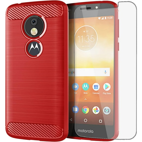 REQO Phone Case for Moto E5 Play E 5 Cruise 5E Go with Tempered Glass Screen Protector Cover and Slim TPU Cell Accessories Protective Motorola MotoE5play MotoE5 E5play Women Men Carbon Fiber Red