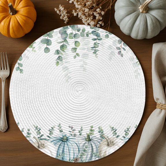Fall Green Pumpkin Round Braided Placemats Set of 1, Eucalyptus Leaves Heat Insulation Place Mats Washable Non-Slip Table Mats for Kitchen Dining Party, 13 Inches