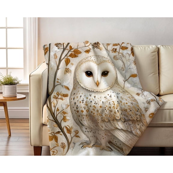 Golden White Owl Cottagecore 3D Print Fleece Throw Blanket, 280 GSM Polyester for Sofa, Bed and Living Room Decor