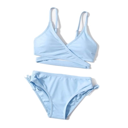 Gyujnb girls two piece swimsuit crisscross wrap top with side tie detail bikini bottom for beach pool summer outdoor water activities 10-11 Years
