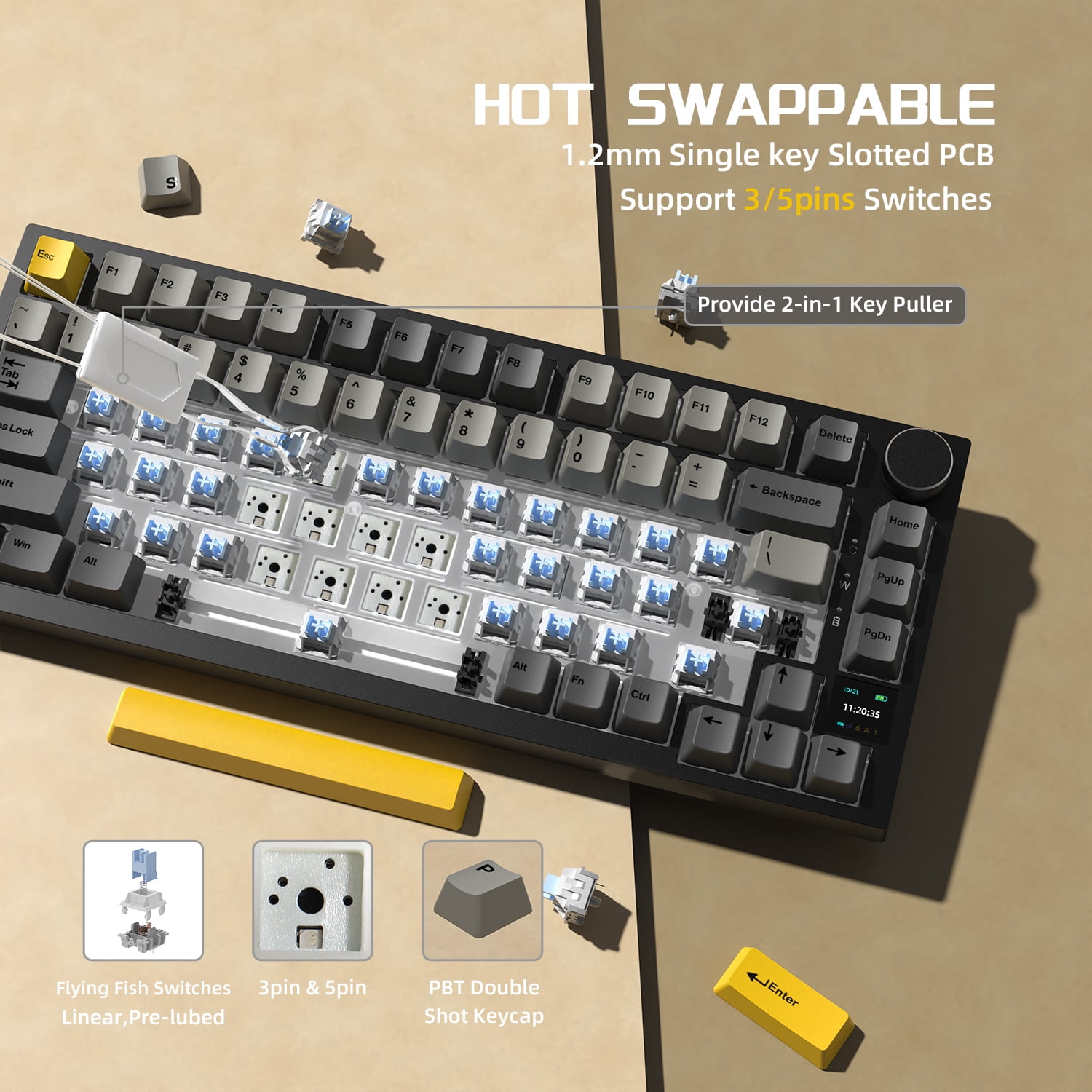 AJAZZ AK820 Pro 75% Wireless Mechanical Keyboard with TFT Smart Display&Knob, Gasket-Mounted Gaming Keyboard, BT/2.4GHz/USB-C Wired (Gray, Flying Fish Switch)