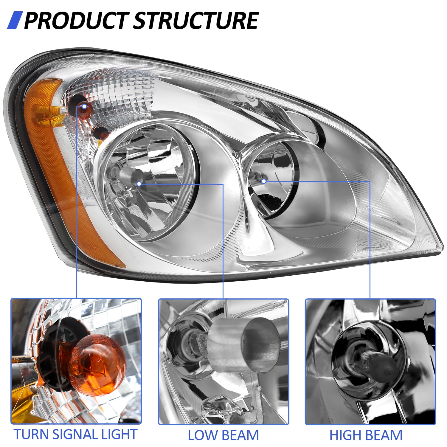 Headlights Assembly Fit For 2008-2016 Freightliner Cascadia, Chrome Housing And Amber Reflector Headlamps,Left and Right Pair Set, Including Halogen bulbs