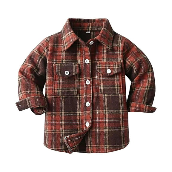 Zshosam Boys Fall Clothes Kids Boys Girls Winter Coat Plaid Shacket Warm Outerwear Overcoat Children's Fashionable Casual Loose Button Long Sleeve Jacket Size 6 12 Months,(Brick Red 6-12 Months)