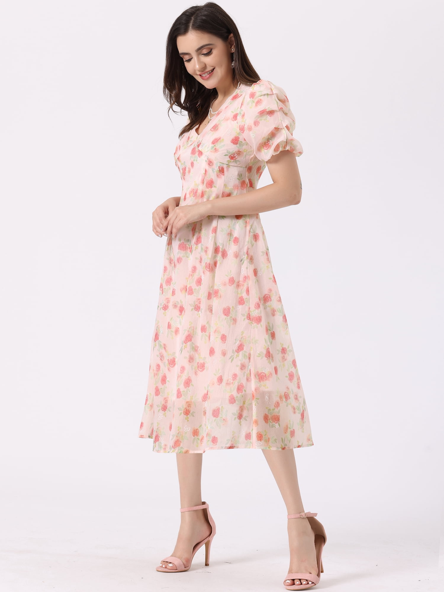DARING DIVA Organza Dress Puff Floral Print Dress L Pink