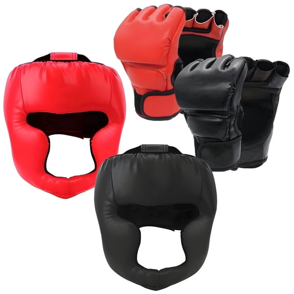 4Pcs Boxing Gloves and Headgear Set for Adults, 2 Pairs Sparring Gloves & 2 Full Face Headgear, PU Leather Protective Training Gear for Men Women