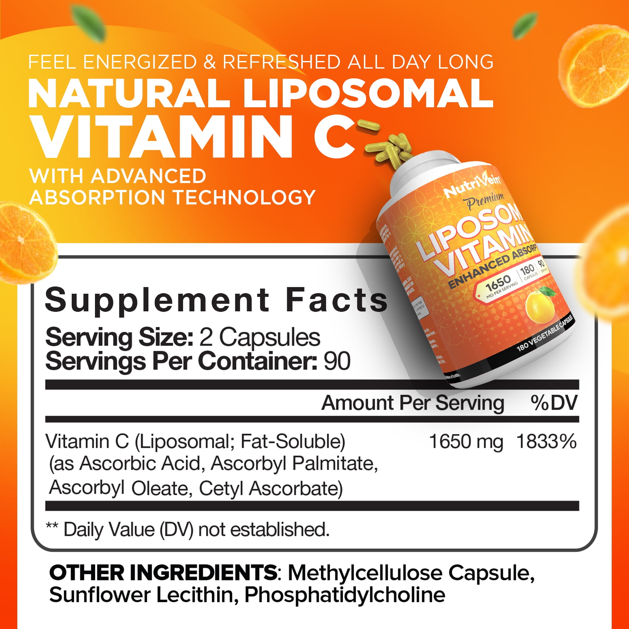 Nutrivein Liposomal Vitamin C Supplement - Immune Support, Vegan - 180 Capsules, 1650 mg