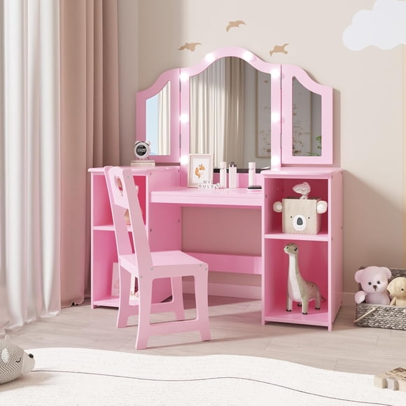 Rosa 2-in-1 de madera para niños pequeños vanity set con mirror, stool, tri-folding mirror y cajón - removable top para little girls' princess pretend play beauty makeup