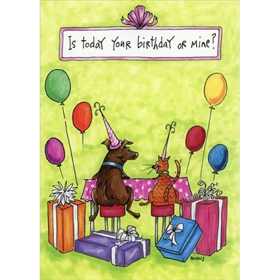 Oatmeal Studios Dog and Cat with Party Hats at Table Humorous / Funny Birthday Card