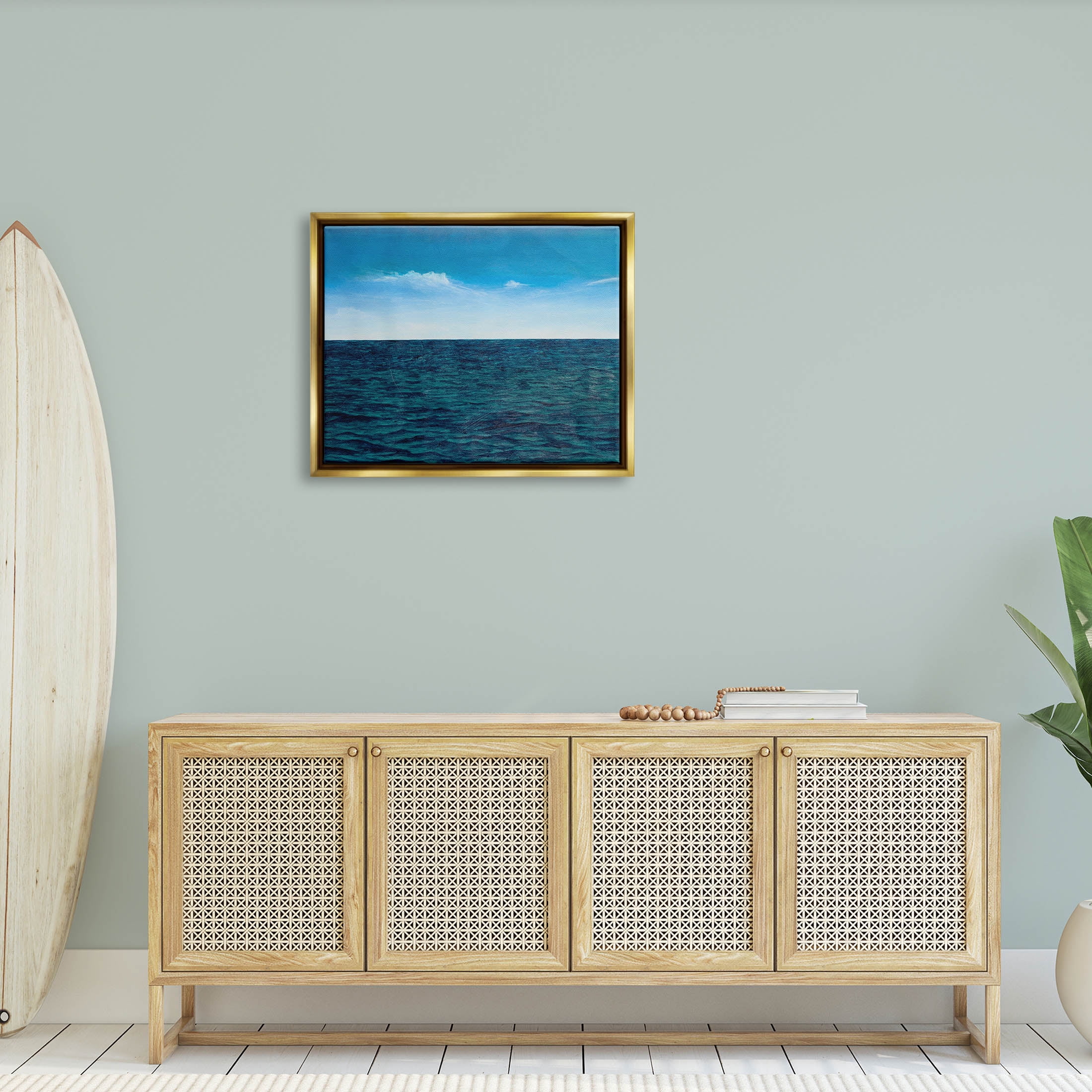 Deep Ocean Blue Water Waves Coastal Graphic Art Metallic Gold Framed Art Print Wall Art
