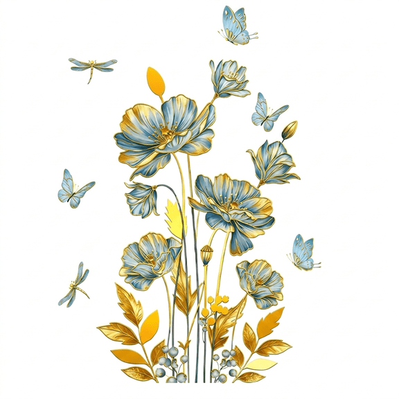Large Blue Floral Wall Stickers, Flower Butterfly Gold Leaf Plant Decals for Bedroom Living Room Sofa TV Wall Decor