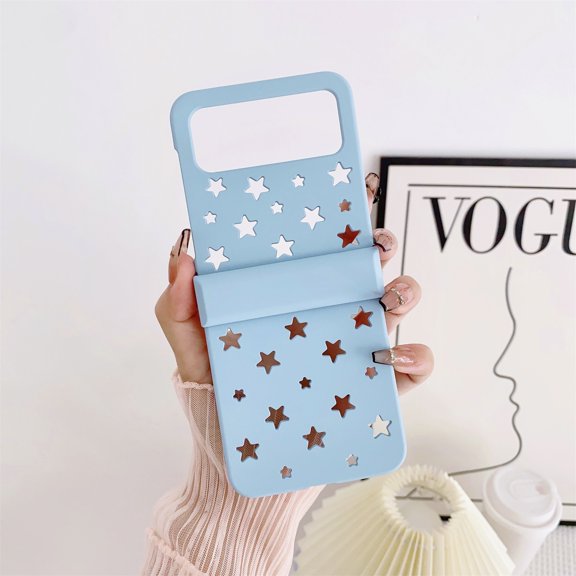 SaniMore for Samsung Galaxy Z Flip 4 6.7" Slim 360° All-Inclusive Protection Folding Case, Rugged PC [Macaron Hollow Pentagram] Anti-Scratch Full Body Protective Shell, Skyblue