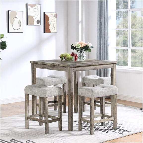 COSMOS Industrial 5-Piece Bar Height Dining Set, Brown Wood Grain Table & 4 Upholstered Stools, for Kitchen Island, Breakfast Nook, Game Room