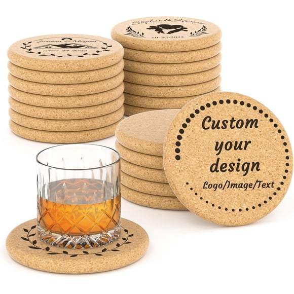 30-100Pcs Personalized Coasters, Custom Cork Drink Coasters with Laser Engraved Text Name Logo, Non-Slip, Heat-Resistant, Custom Wedding, Anniversary, Housewarming Gifts (Upgraded Version)