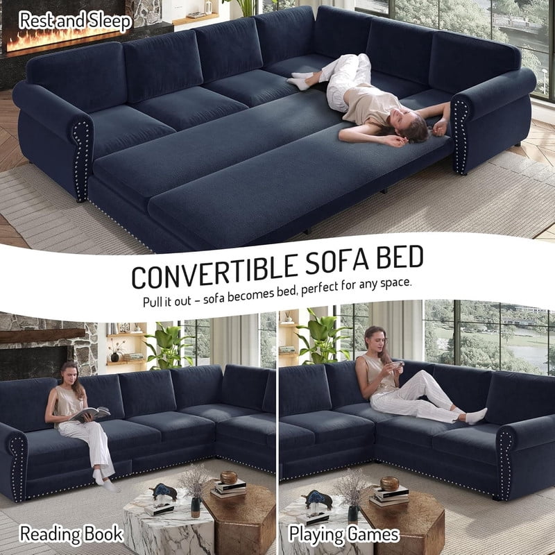 118" L-Shaped Convertible Sleeper Couch Bed, Chenille Upholstered Sectional Sofa with Pull-Out Sofa Bed, Modern Chesterfield Sofa for Living Room