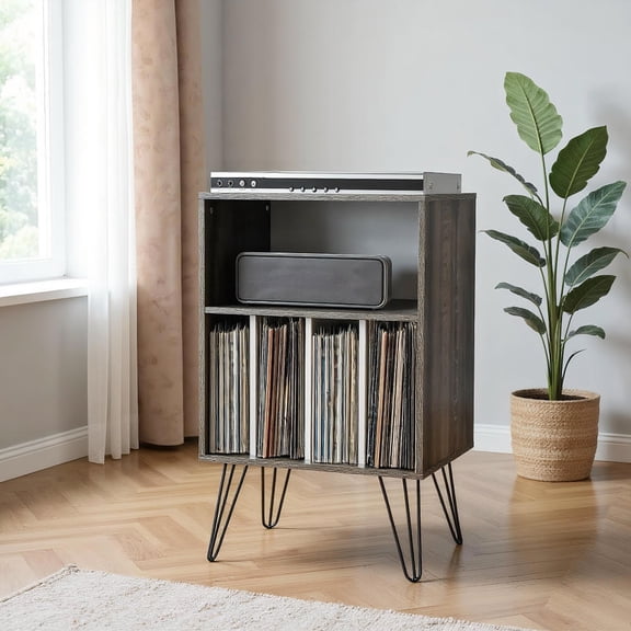 Yardi Yard Freestanding Record Player Stand Record Storage Cabinet with Metal Legs-Gray, Desk Drawers, File Cabinet for Home Office
