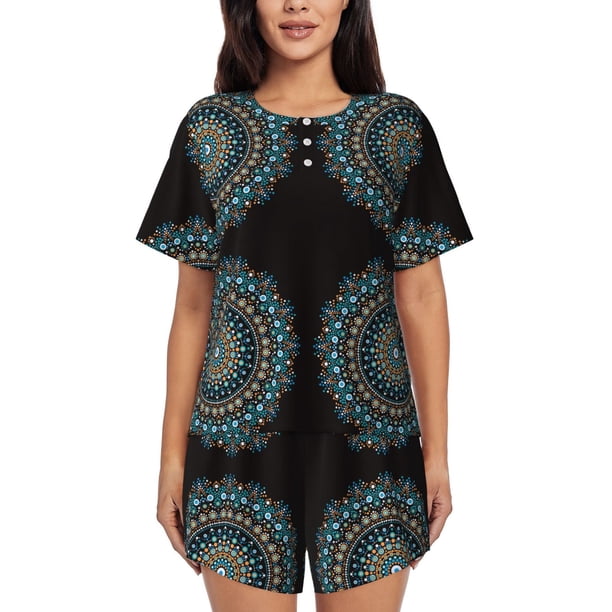 Balery Mandala Conjunto de Pijama para Mujer con Estampado, Dos Piezas de Manga Corta y Shorts, Ropa de Dormir Suave con Cuello Redondo y Bolsillos-Large