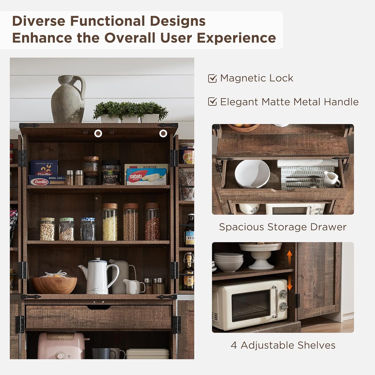 ACCOHOHO 72" Tall Kitchen Pantry, Farmhouse Storage Cabinet with Barn Doors, Drawer and Adjustable Shelves, Rustic Wood Cupboard for Kitchen, Dining Room, Bathroom, Rustic Brown