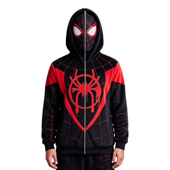 Unisex Full Face Masked Zip Hoodie, Spider Web Printed Hooded Sweatshirt Cosplay Costume Jacket