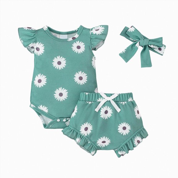 Baby Onesies Girl Baby Girl Clothes Daisy Print Fly Sleeve Romper Ruffle Bloomer Shorts Headband Set Infant Summer Outfits
