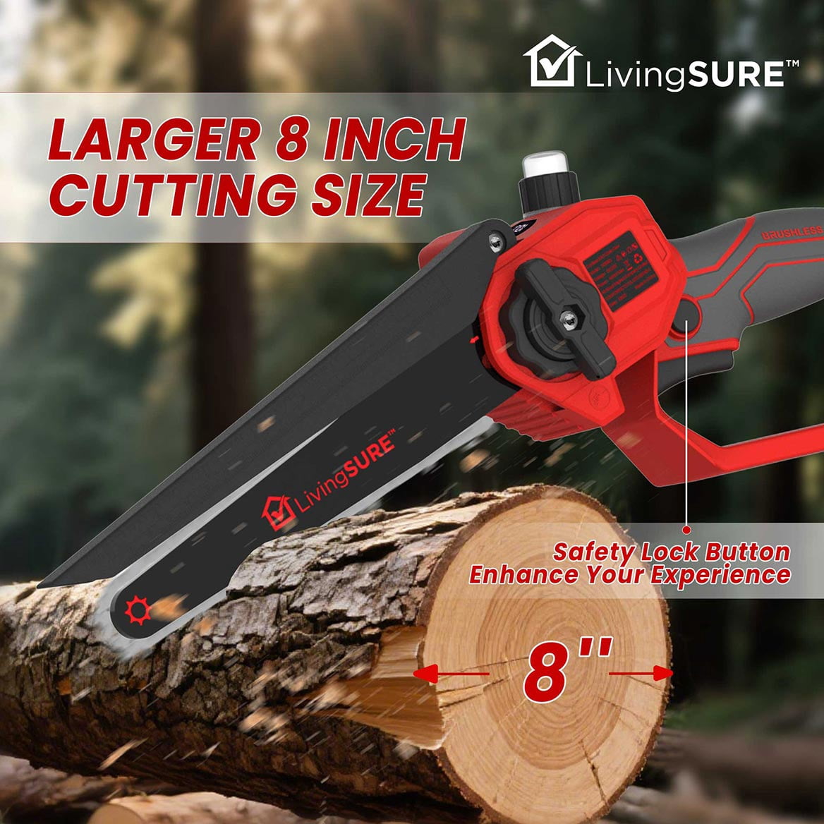 8" Cordless Mini Chainsaw by LivingSURETM Portable Cordless Electric Chain Saw, Rechargeable Battery Power Cutting Handheld Saw -Tree Branch Wood Cutting, Gardening Tool – Battery Not Included
