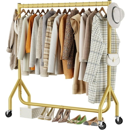 Clothes Clothing Rack, Rolling Heavy Duty Clothes Rack Load 420 LBS With Wheels, Metal Clothes Rack for Hanging Clothes, Portable Standing Clothes Garment Rack,Gold,48 inches