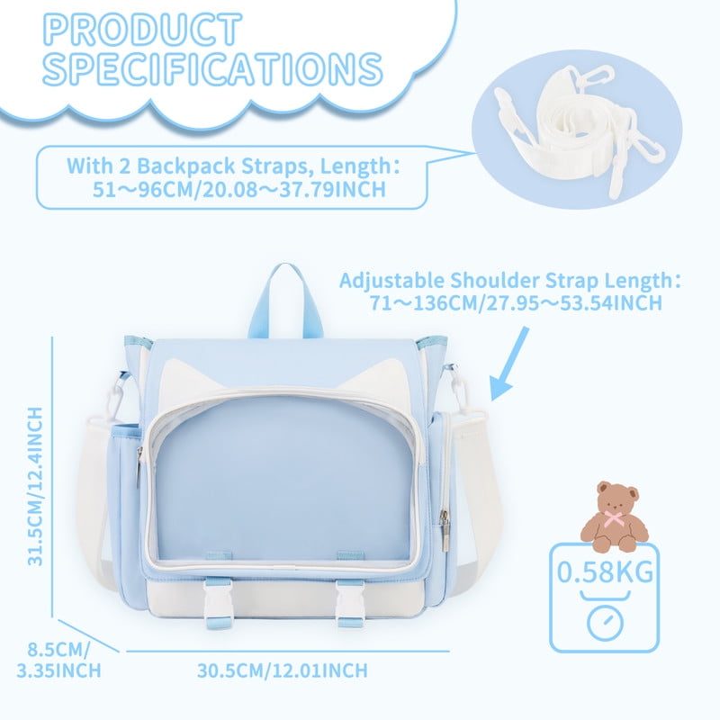 TINYAT Backpack for Women Cute Crossbody Bag DIY Kawaii Anime Y2K Cat Ita Bag for Shop Concert College Blue