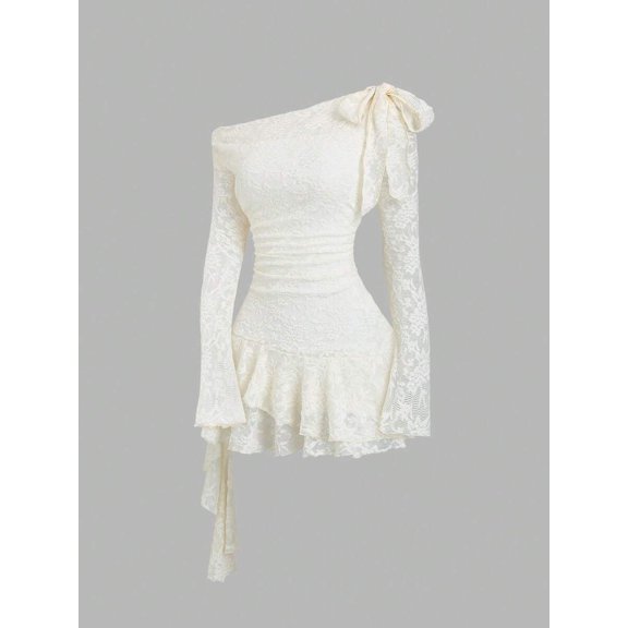 Apricot Y2K Lace Asymmetric One-Shoulder Peplum Mini Dress