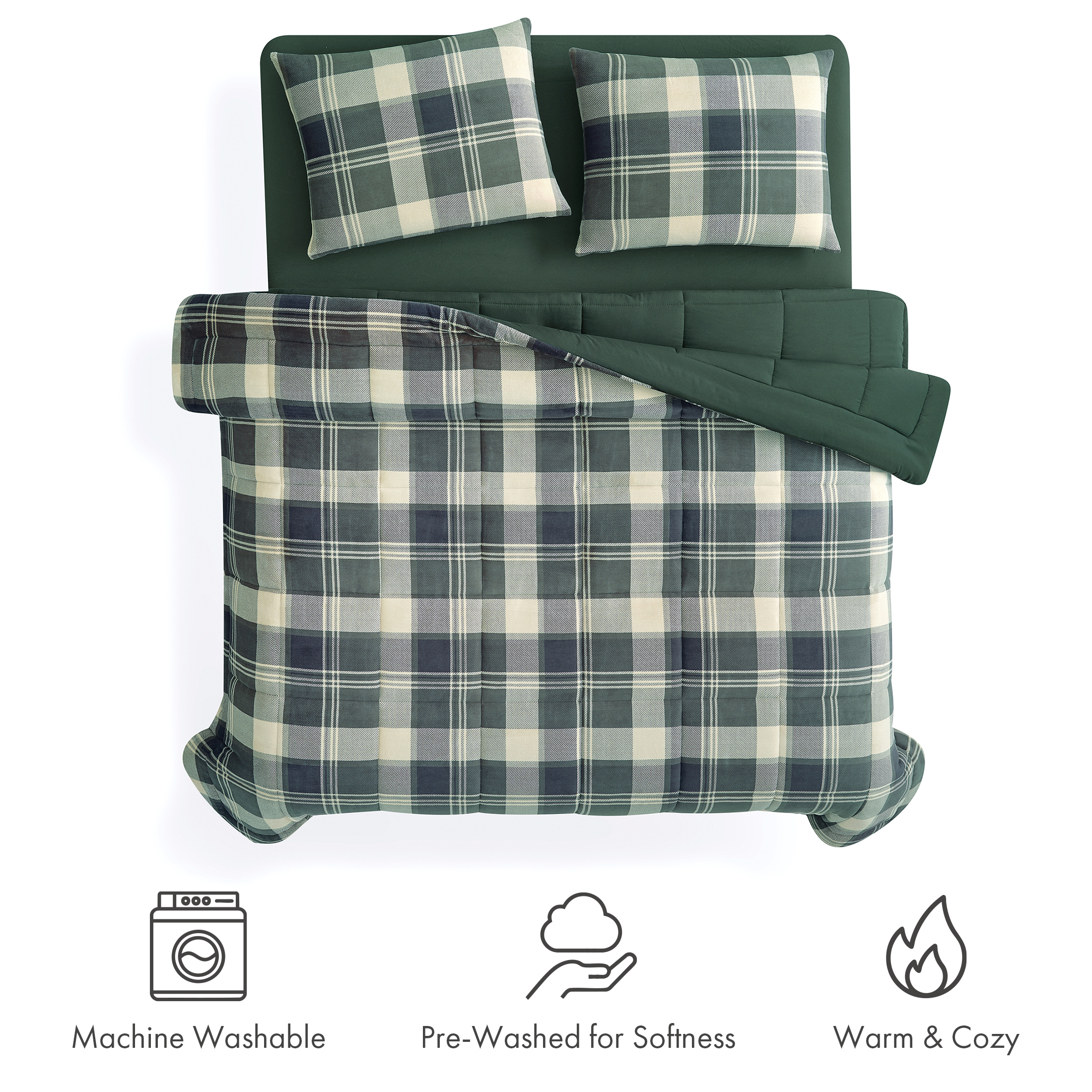 Pawz 3-Piece Fleece Comforter Set with Pillow Shams, Soft and Warm, Pine Green Plaid, King