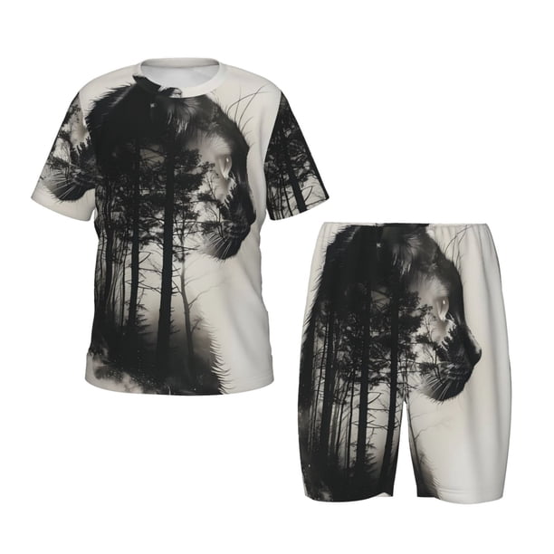 Balery Double Exposure Cat Forest Conjunto de Pijama Infantil de Manga Corta con Estampado – Ropa de Dormir de Algodón Suave-XX-Large