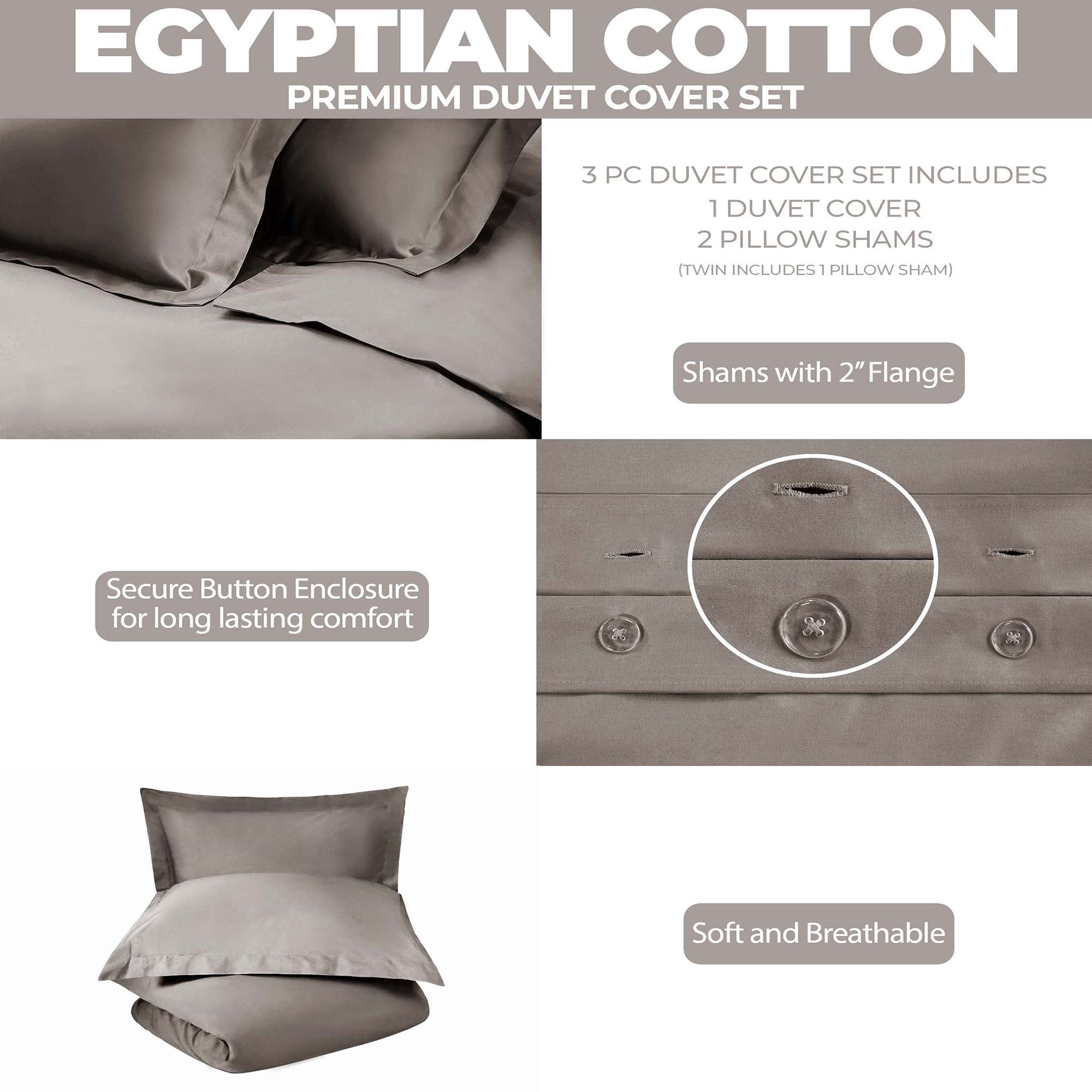 Superior Egyptian Cotton 300 Thread Count Duvet Cover Set, King/California King, Grey