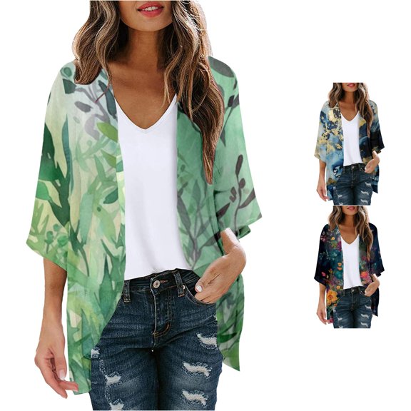 HCYSFG Womens Leaf Print Kimono Cardigan Open Front Short Sleeve Lightweight Sheer Loose Fit Beach Cover Up Summer Layering Tops