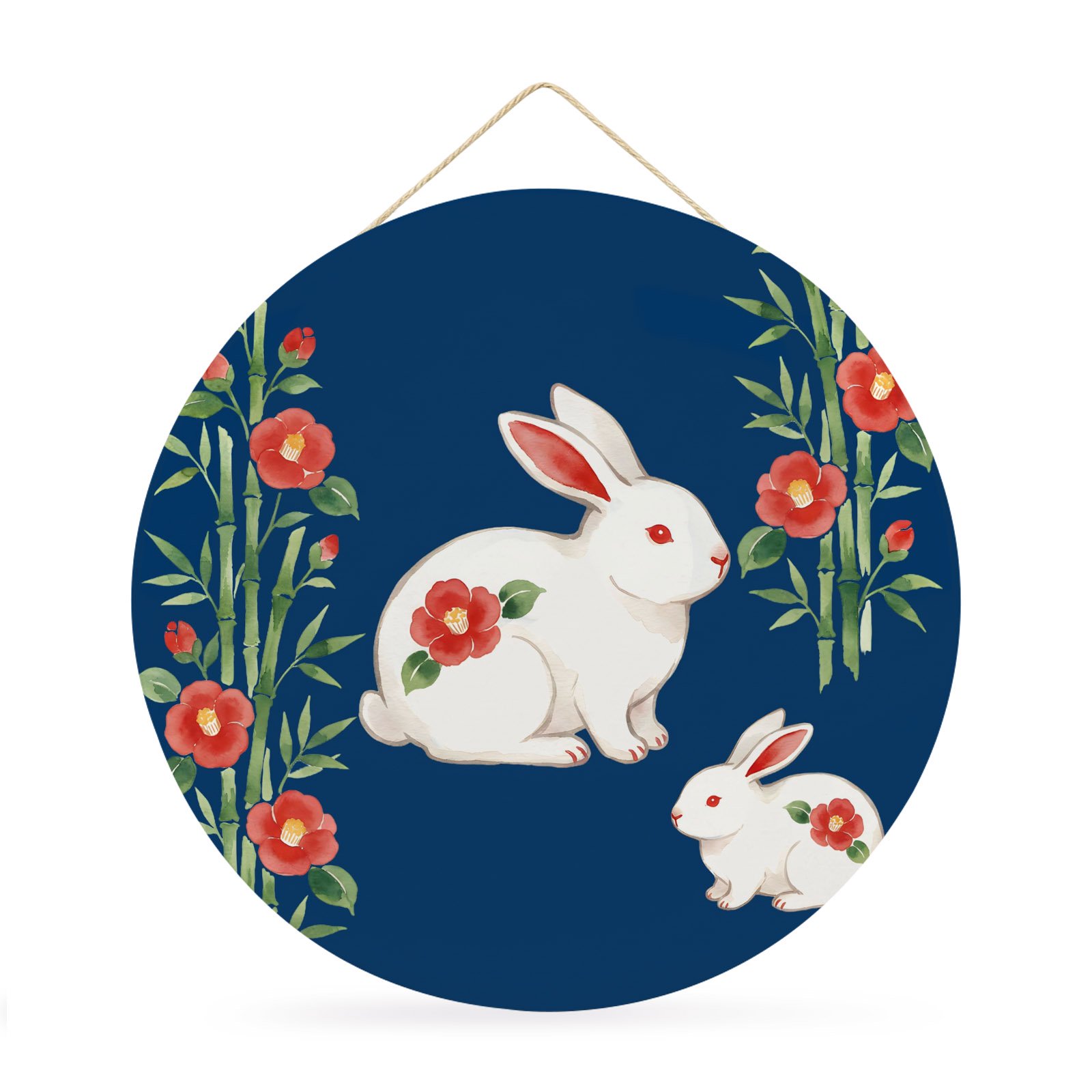 Welcome Sign Front Door Decorations Navy Blue Cute Bunnies Round Wall Art Outdoor Metal Wreaths Farmhouse Rustic Floral Botanical Seasonal Hanging Sign for Home Porch Decor Warming Gift 12 In
