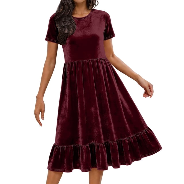 JGGSPWM Robe Vintage en Velours pour Femme Couleur Unie Ample Col Rond Manches Courtes Taille Élastique à Volants Superposés Ligne A Fluide Robe Maxi Rouge G