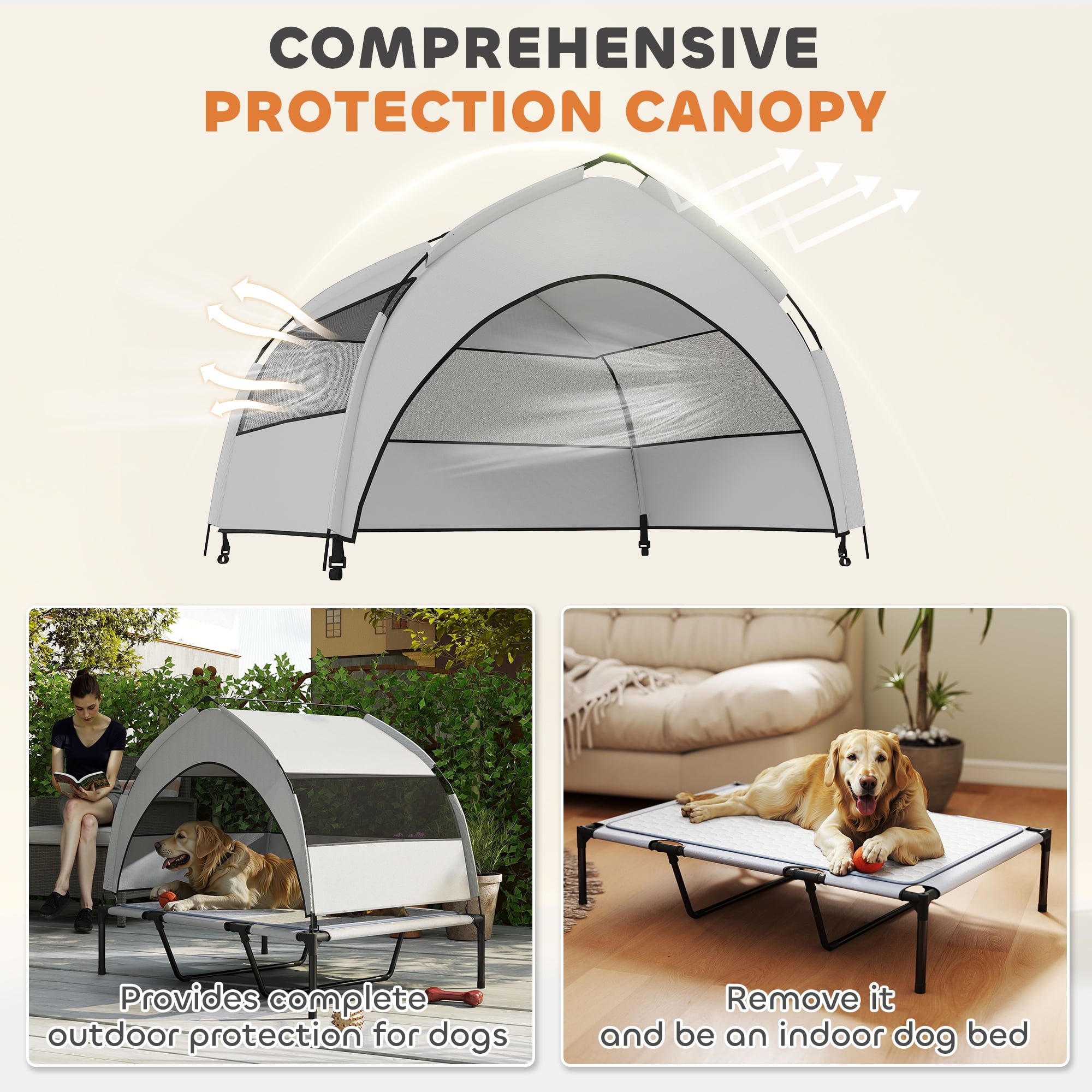 PawHut Elevated Dog Bed, Portable Raised Pet Bed with Removable Canopy, Cooling Pad, Storage Bag, Outside Pet Cot for Large Dogs, 42" x 30" x 37"