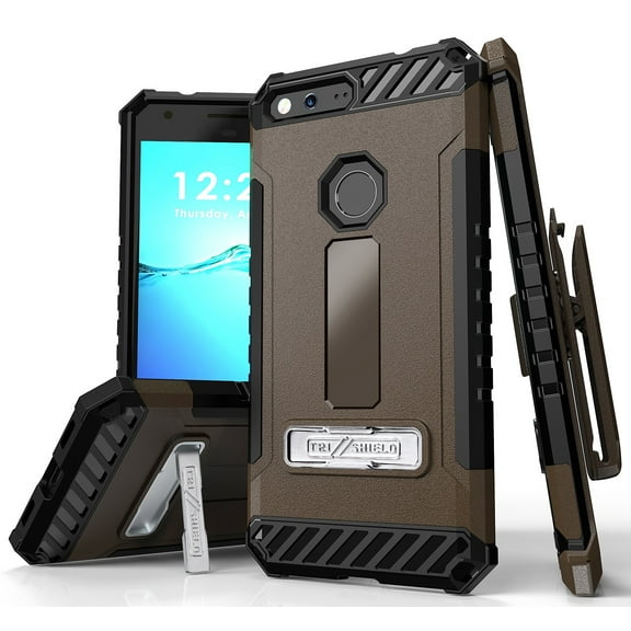 TAN BROWN BEYOND CELL TRI-SHIELD RUGGED CASE COVER with KICKSTAND BELT CLIP HOLSTER LANYARD STRAP CREDIT CARD POCKET FOR GOOGLE PIXEL XL 5.5"