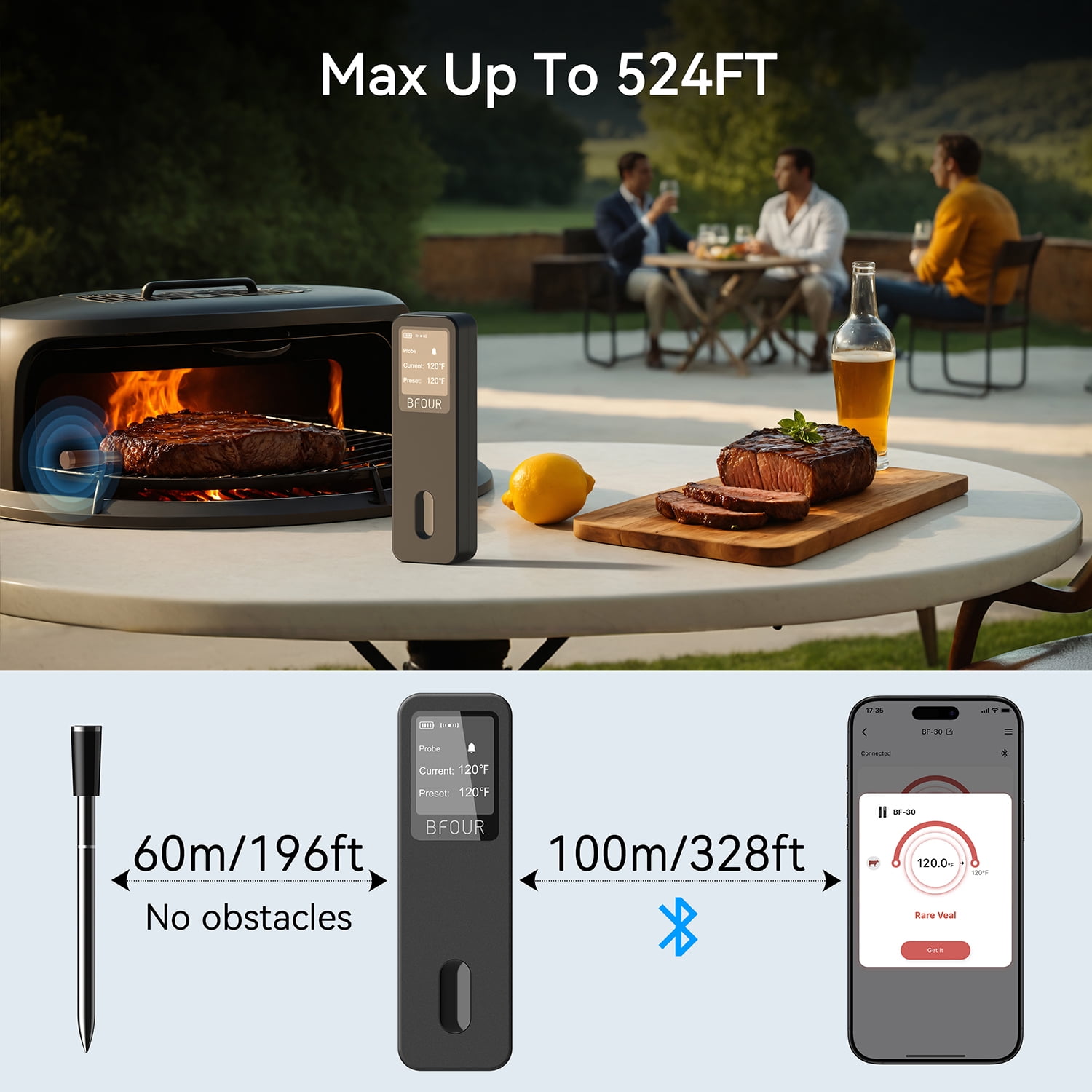 Smart Bluetooth 500FT Wireless Digital Meat Thermometer for BBQ, Grill, Smoker with App