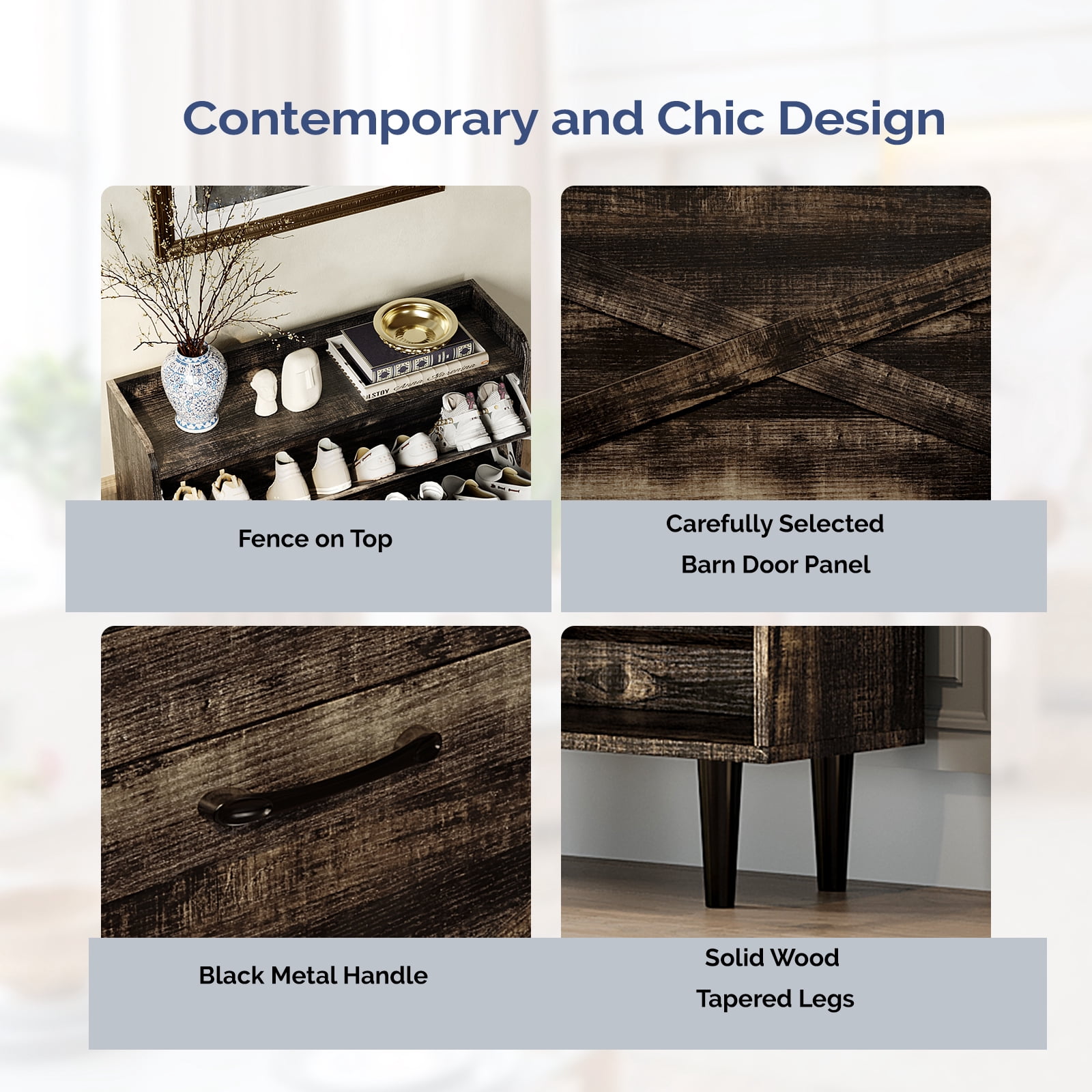 2-Drawer Top-Mounted Barn Door Shoe Cabinet, Melamine Board Embossed MDF, Black Oak, 31.61 x 9.45 x 39.37 in