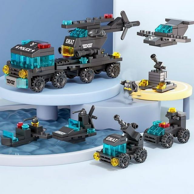 Mini tamaño 6 en 1 bloques de construcción DIY coche de policía camión de bomberos Castillo modelo ladrillos juguetes educativos para niños regalos,8732-7