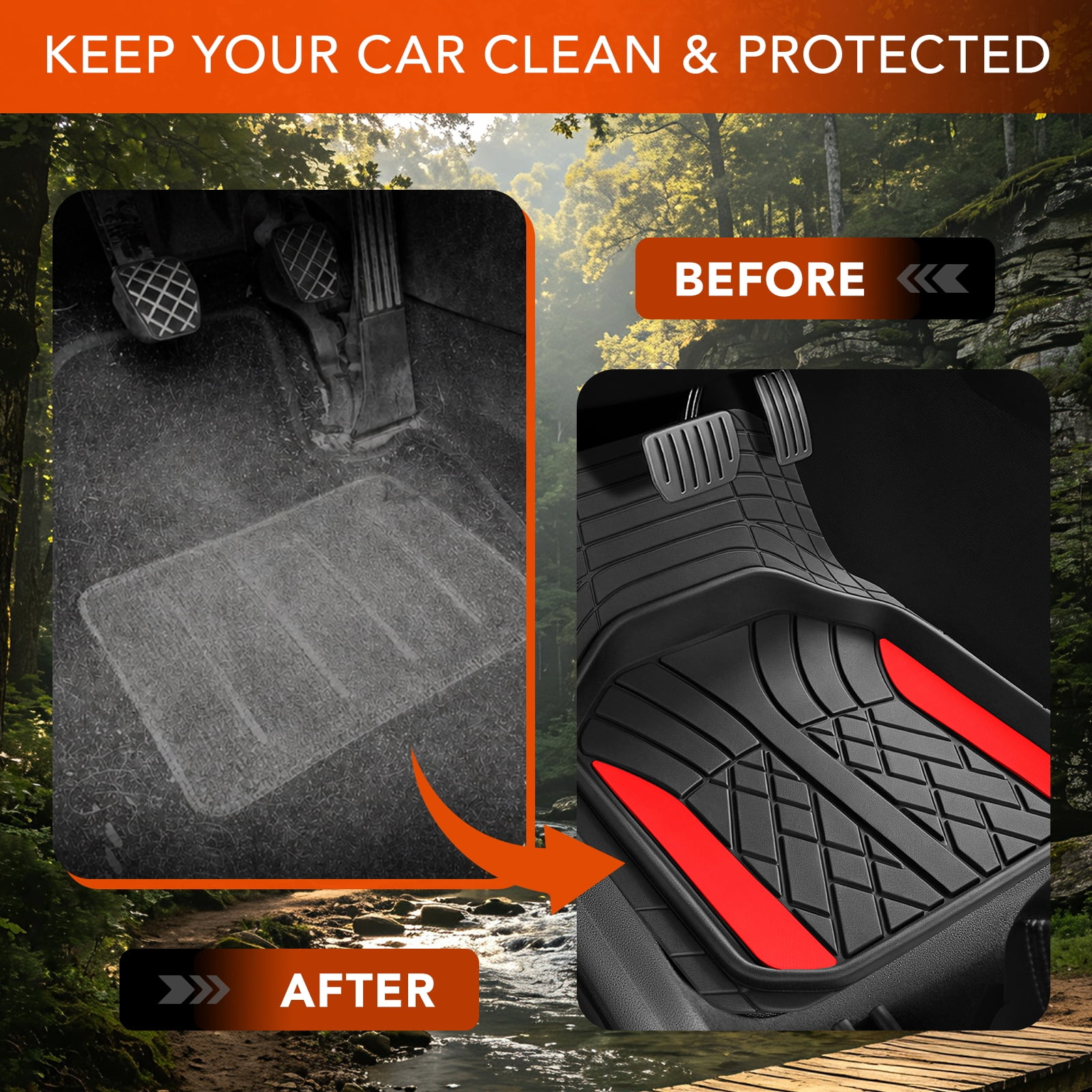 Ozark Trail Rubber Car Floor Mats, Heavy Duty Rubber Floor Mats, Injection Molded Aluminum Film, Trim-to-Fit All Weather Mats, Waterproof Easy-Clean Front and Rear Interior Protection, 3 Piece Red