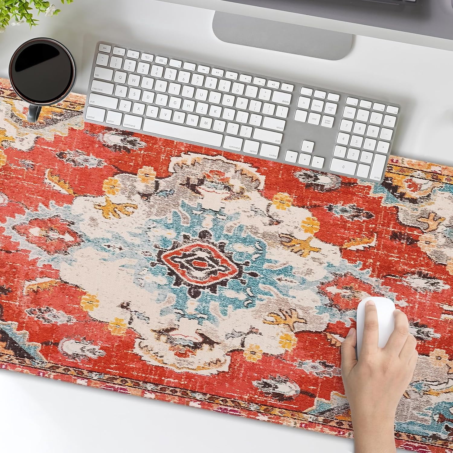 Vintage Rug Mouse Pad XXL Red Orange Retro Carpet Aesthetic Extended Table Mat 90X40 cm Non-Slip Rubber Base Stitched Edge Large Mousepad for Gaming Laptop Computer Desk Top 35.4×15.7 Inch