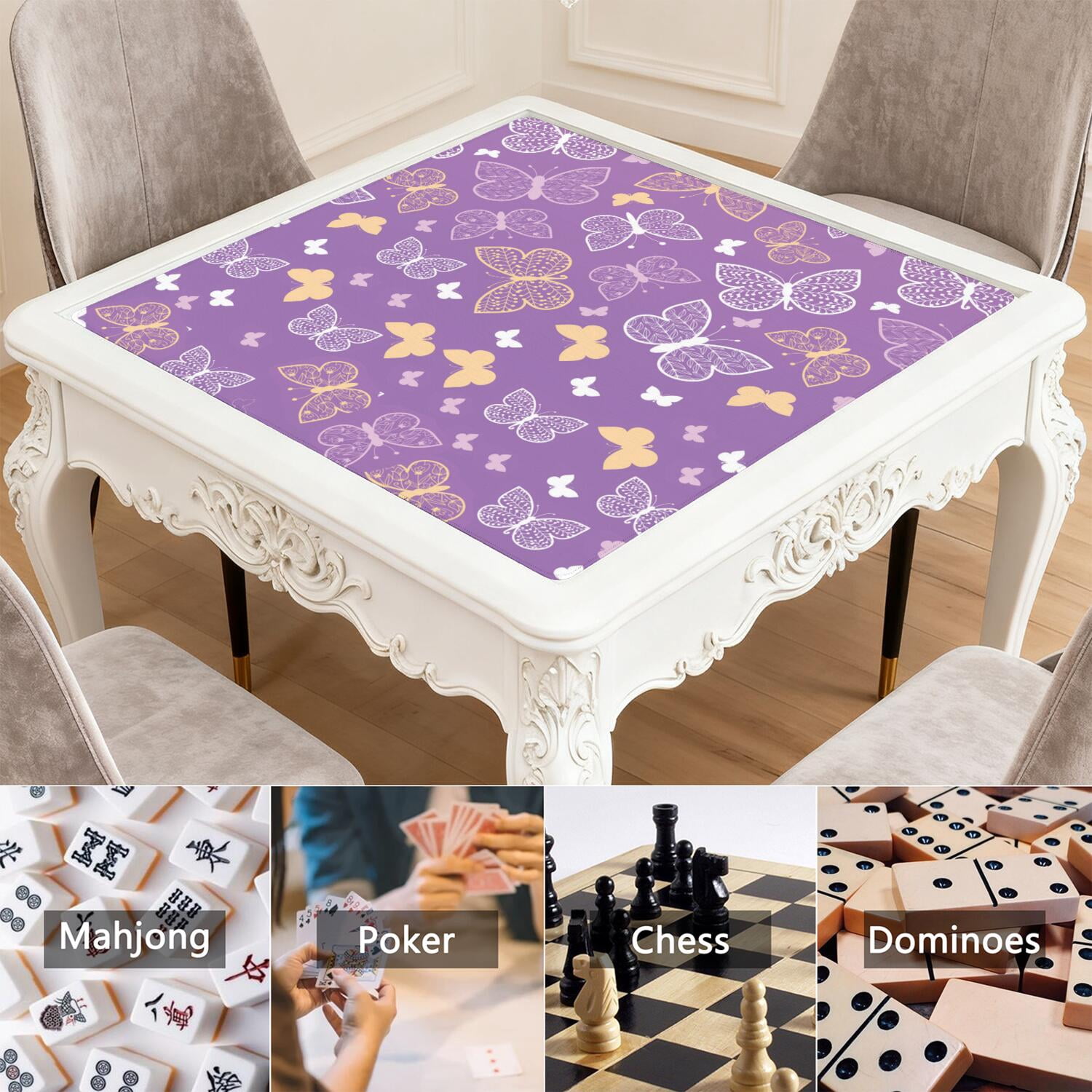 Butterfly Mahjong Mat for Table, 31.5*31.5in Anti Slip American Mahjong Table Cloth, Noise Reduction, Neoprene Mah jongg Mat with Carrying Bag & 3 Dices, Mahjong Set Gift for Board Tile Games Mats