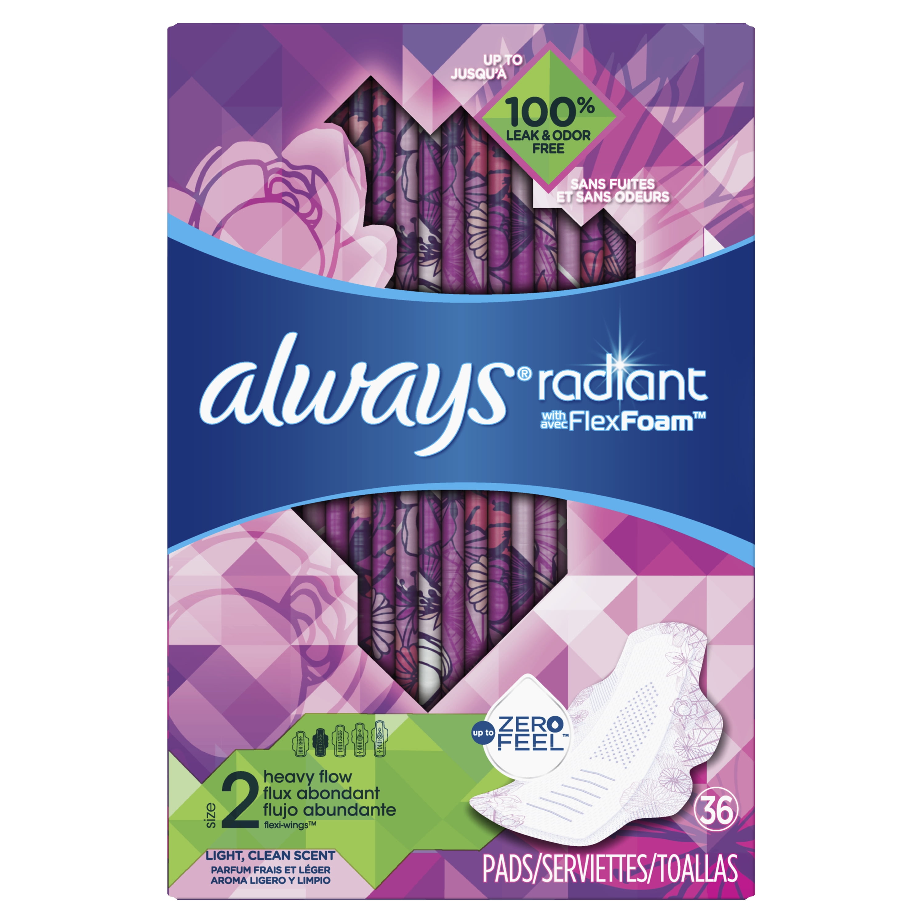 ALWAYS Radiant Heavy Flow Sanitary Pads Size 2 Light Clean Scent With